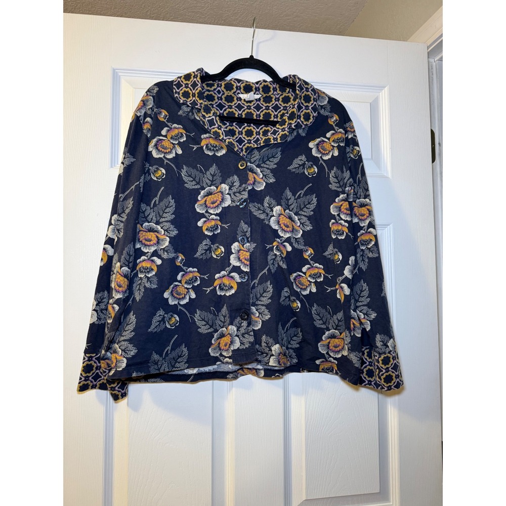 Vera Bradley Womens Top XL Navy Blue Floral Cotton Jersey Button Down